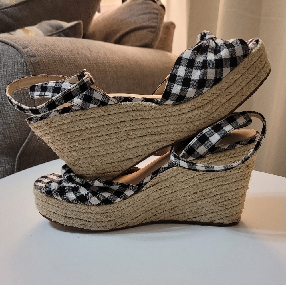 Steve Madden Valinda Peep Toe Black Plaid Wedge Espadrilles Sandals Size 8 - Picture 6 of 9